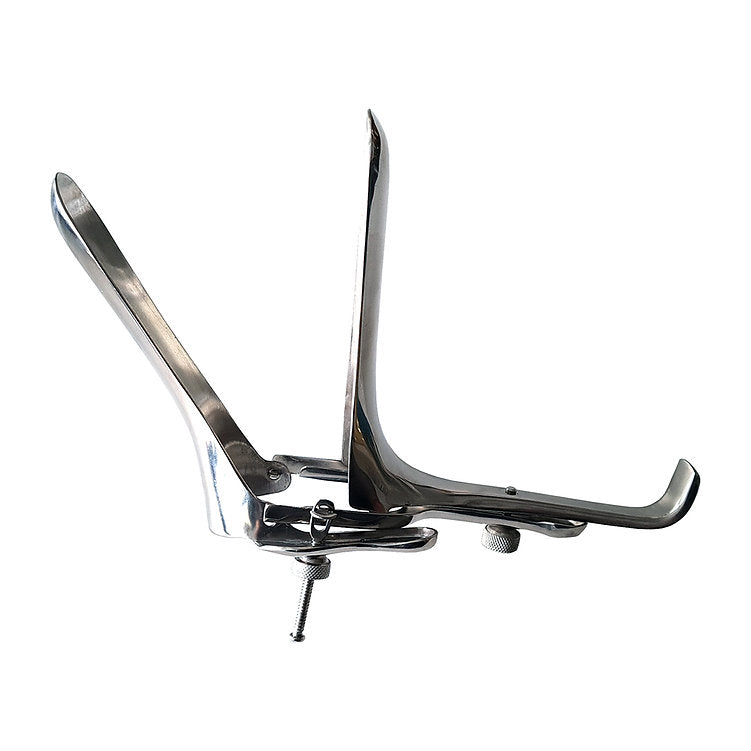 Stainless steel vaginal speculum with a locking screw.