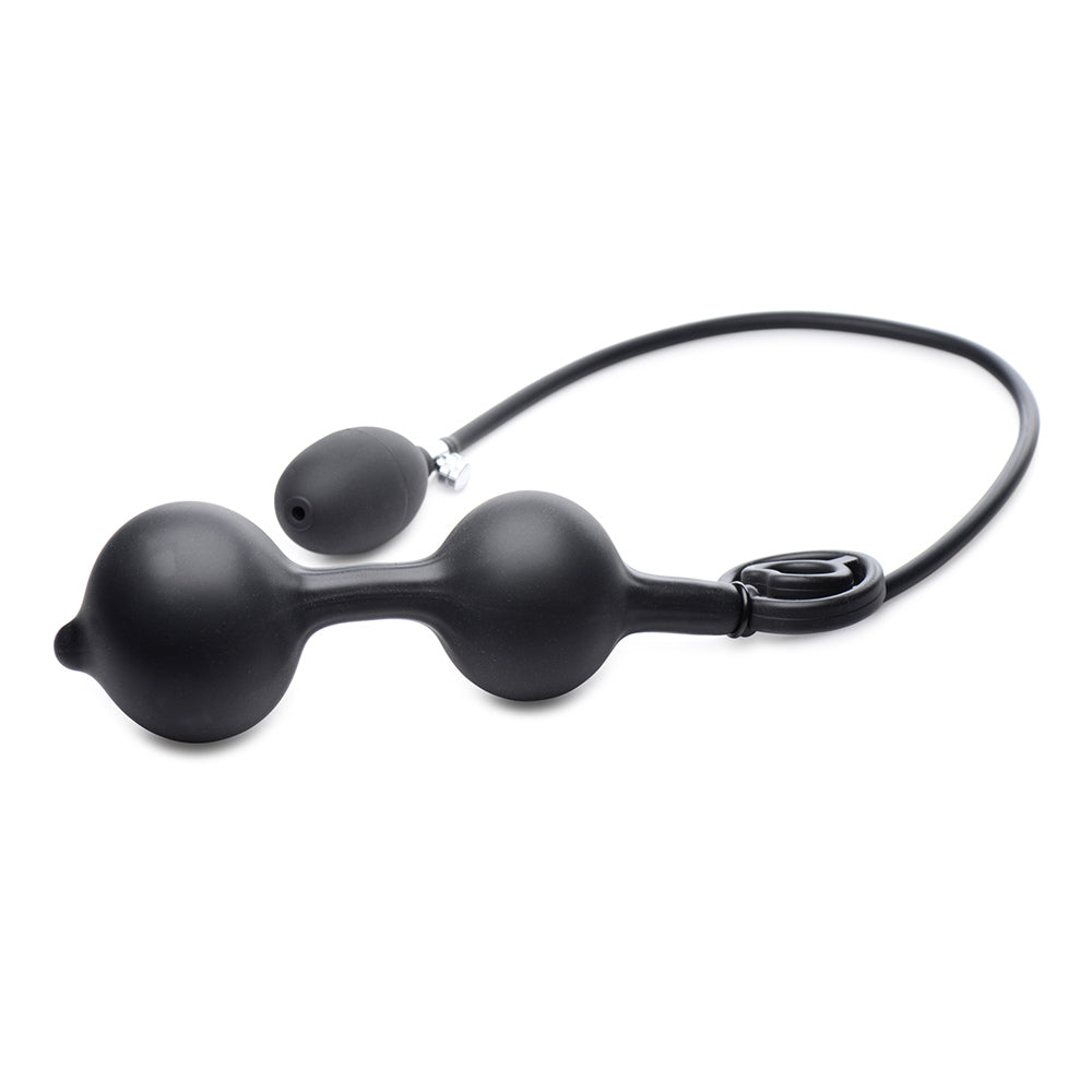 Black inflatable silicone anal plug with a cock ring.