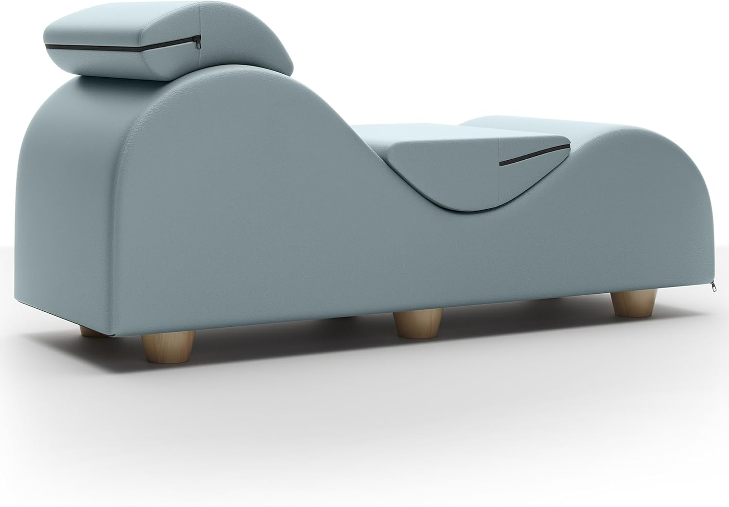 Sterling blue faux leather ergonomic sex chaise with wooden legs.