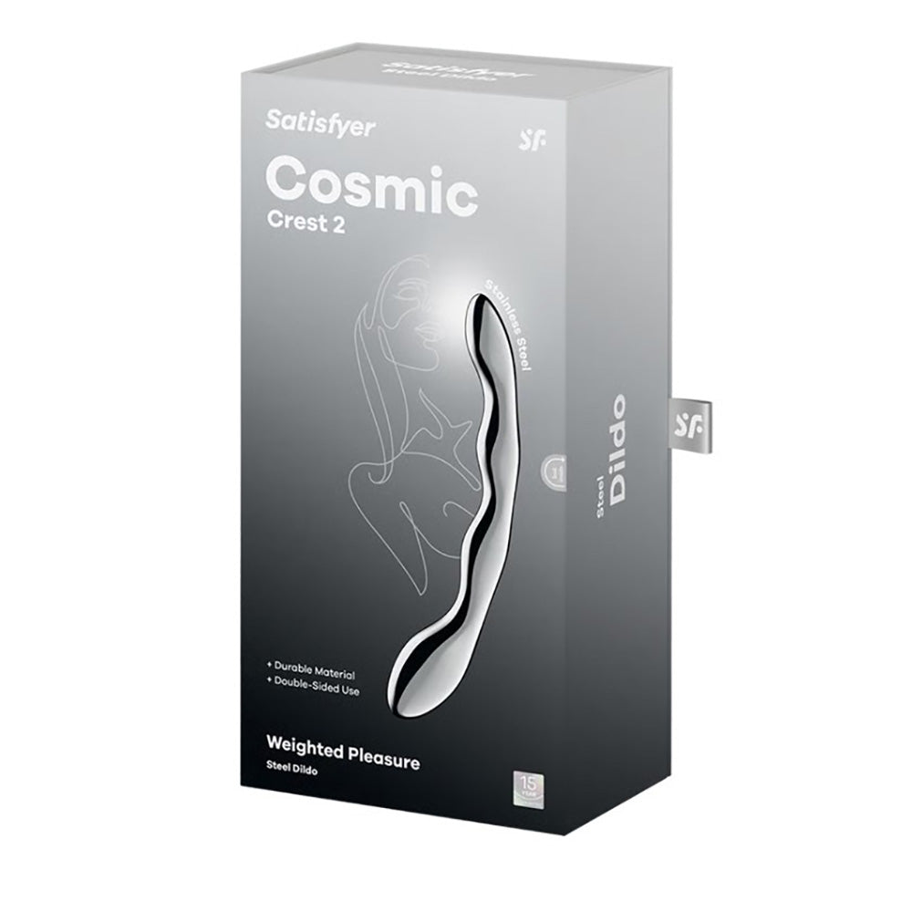 Satisfyer Cosmic Crest 2 steel dildo packaging with product illustration.