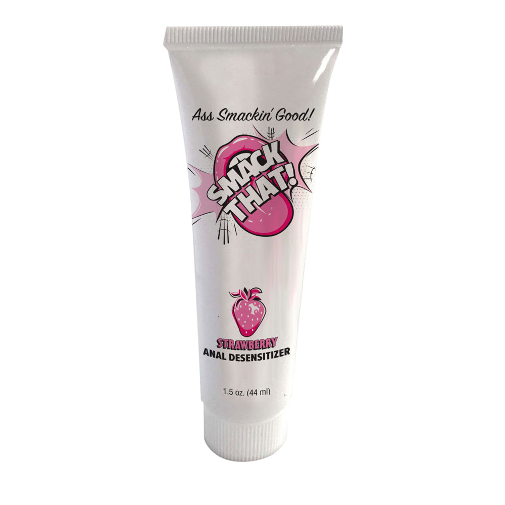 Strawberry anal desensitizer gel in a white tube with pink text and graphics.
