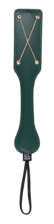 Emerald green faux leather paddle with gold chain detail and black cord.