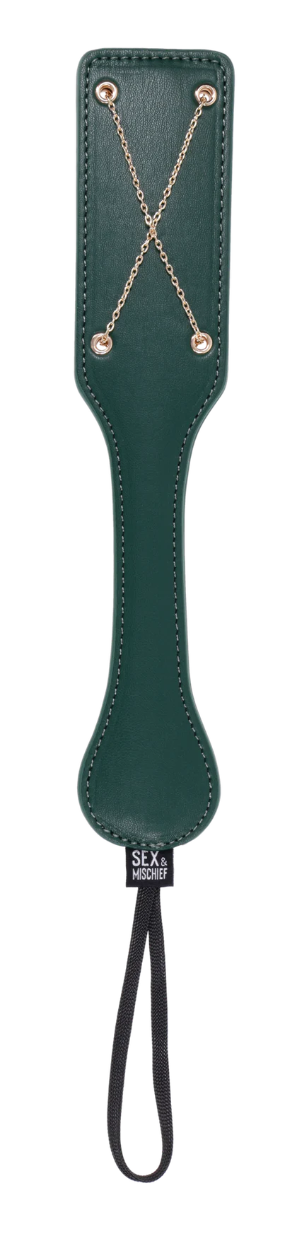 Emerald green faux leather paddle with gold chain detail and black cord.