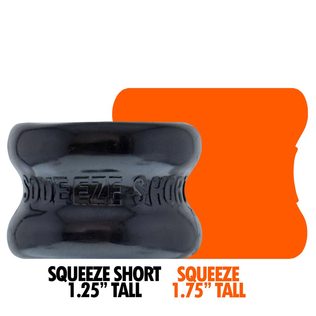 Black hourglass-shaped ball stretcher with "Squeeze Short" embossed on it.