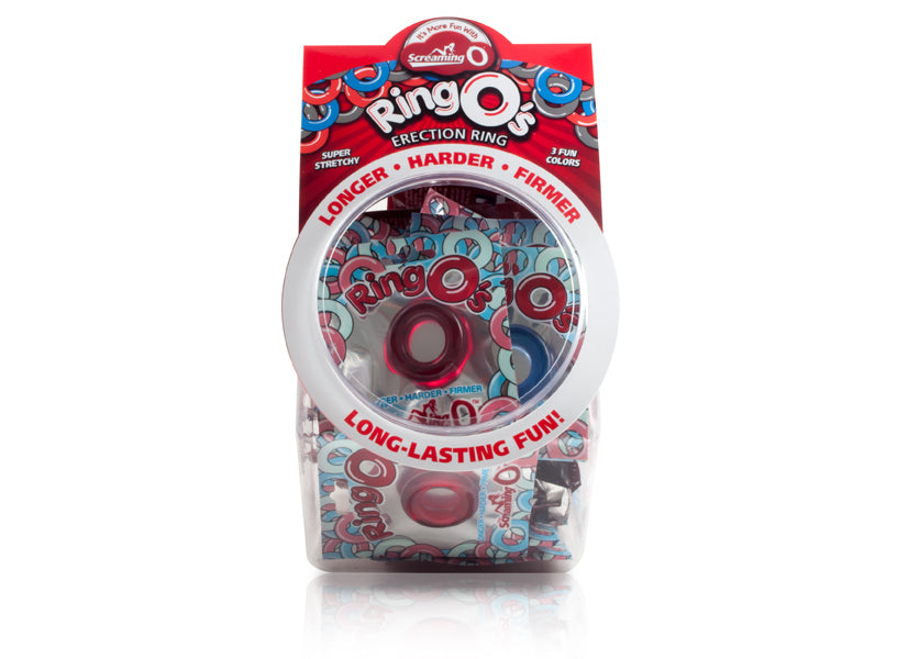 Screaming O Ring O erection ring in red and blue colors.