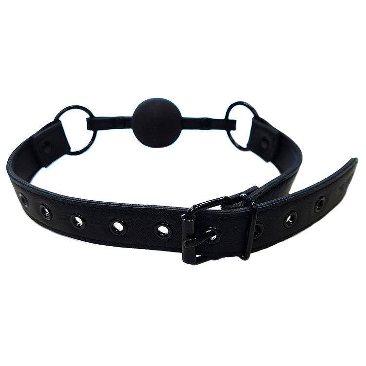 Black leather ball gag with adjustable buckle strap.