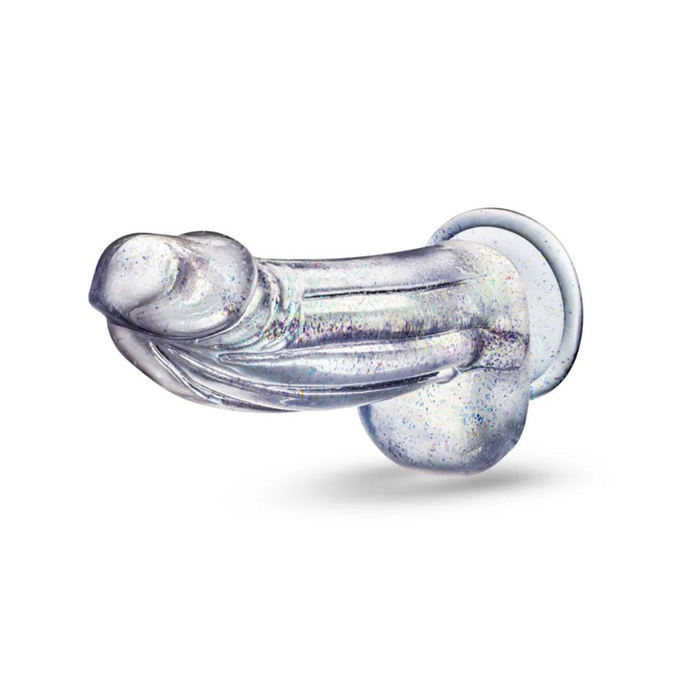 Clear glitter dildo with sparkling infusion and suction cup base.