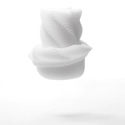 A white 3D spiral masturbator with a ribbed texture.