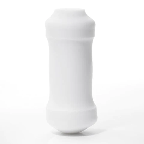 A white, ribbed, cylindrical masturbator with a rounded base.