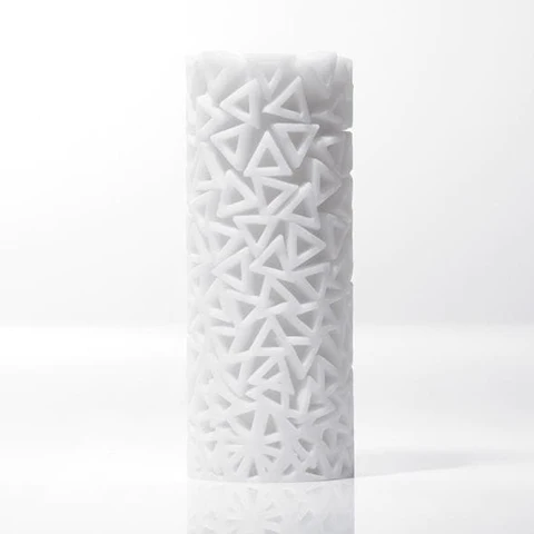 White cylindrical masturbator with a textured interior of stacked triangles.