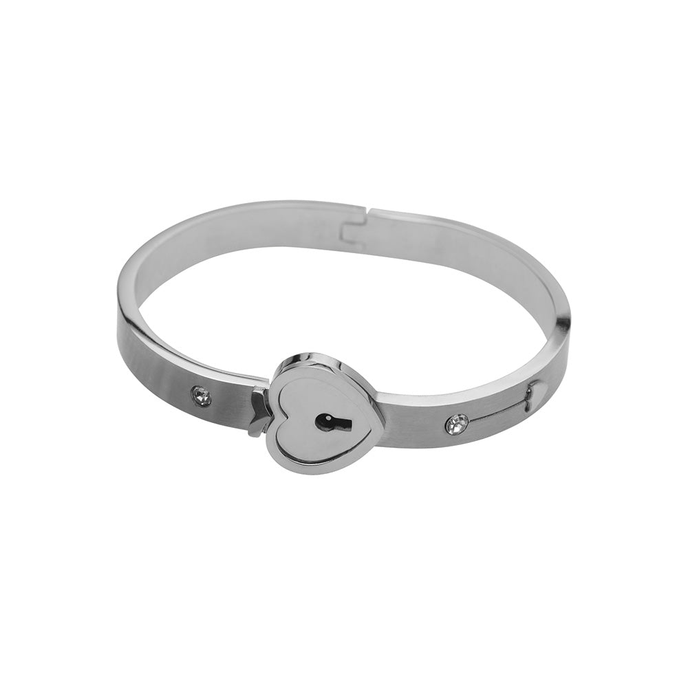 Silver heart-shaped lock bracelet with two small clear stones.