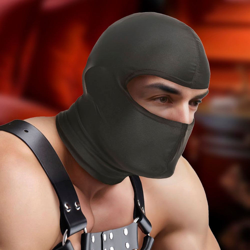 Black spandex hood with eye openings and zipper back.