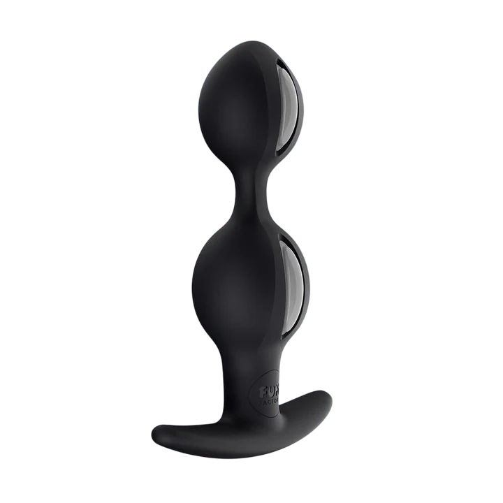 Black weighted anal plug with inner rolling balls and a flared base.