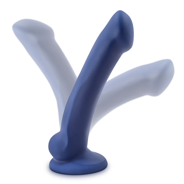 A blue silicone dildo with a curved shaft and a flared base.