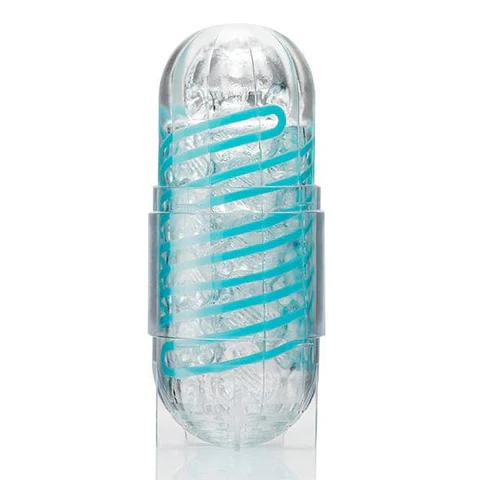 Clear reusable male masturbator with blue spiral texture.