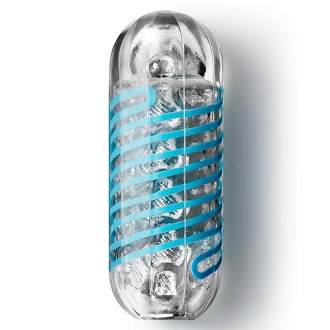 Tenga Spinner 01 Tetra reusable male masturbator with blue spiral pattern.