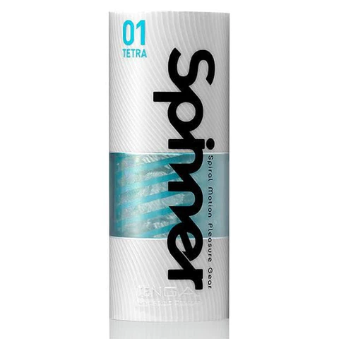 Tenga Spinner 01 Tetra reusable male masturbator with blue spiral design.