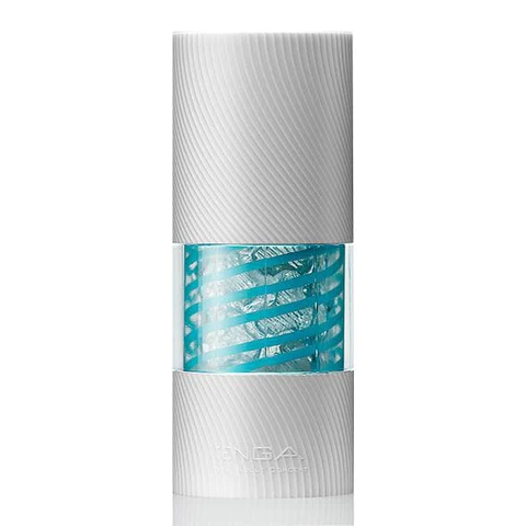 Tenga Spinner 01 Tetra reusable male masturbator with white ribbed caps and a blue striped textured insert.