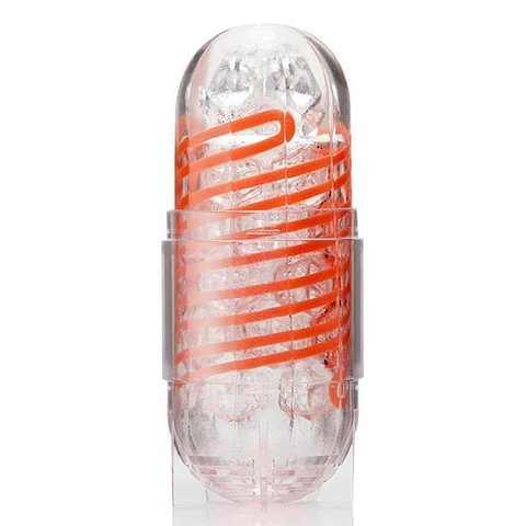 Tenga Spinner 02 Hexa reusable male masturbator with orange spiral design.