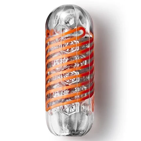 Tenga Spinner 02 Hexa reusable male masturbator with orange spiral design.