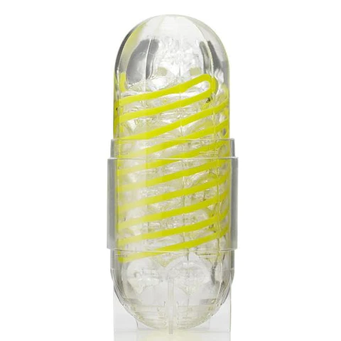 Clear reusable masturbator with a yellow spiral inside.
