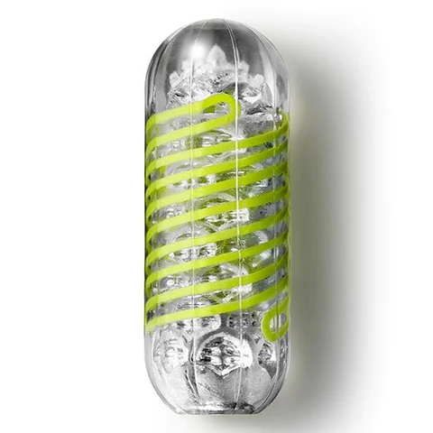 Tenga Spinner 03 Shell reusable male masturbator with a green spiral design.