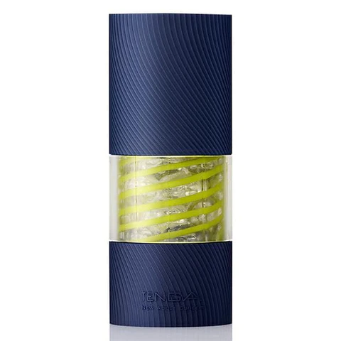 Tenga Spinner 03 Shell reusable male masturbator with blue ribbed ends and a clear spiral insert.