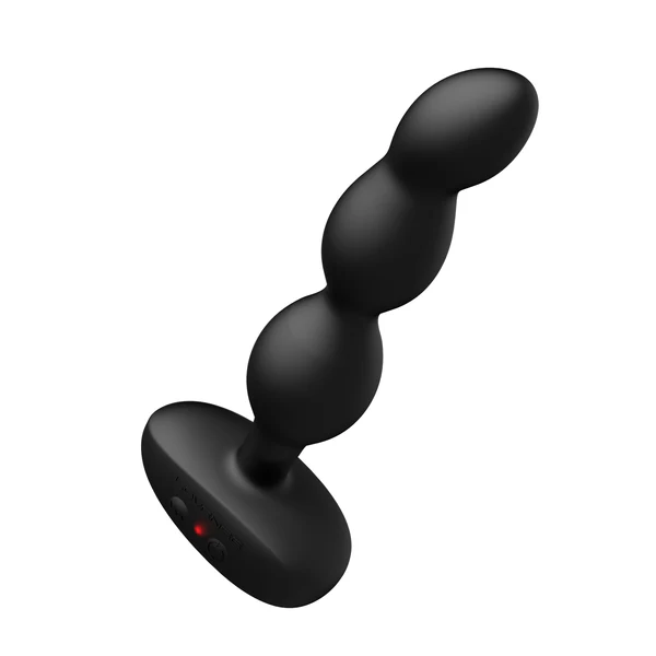 Black anal beads with a flared base and a red indicator light.