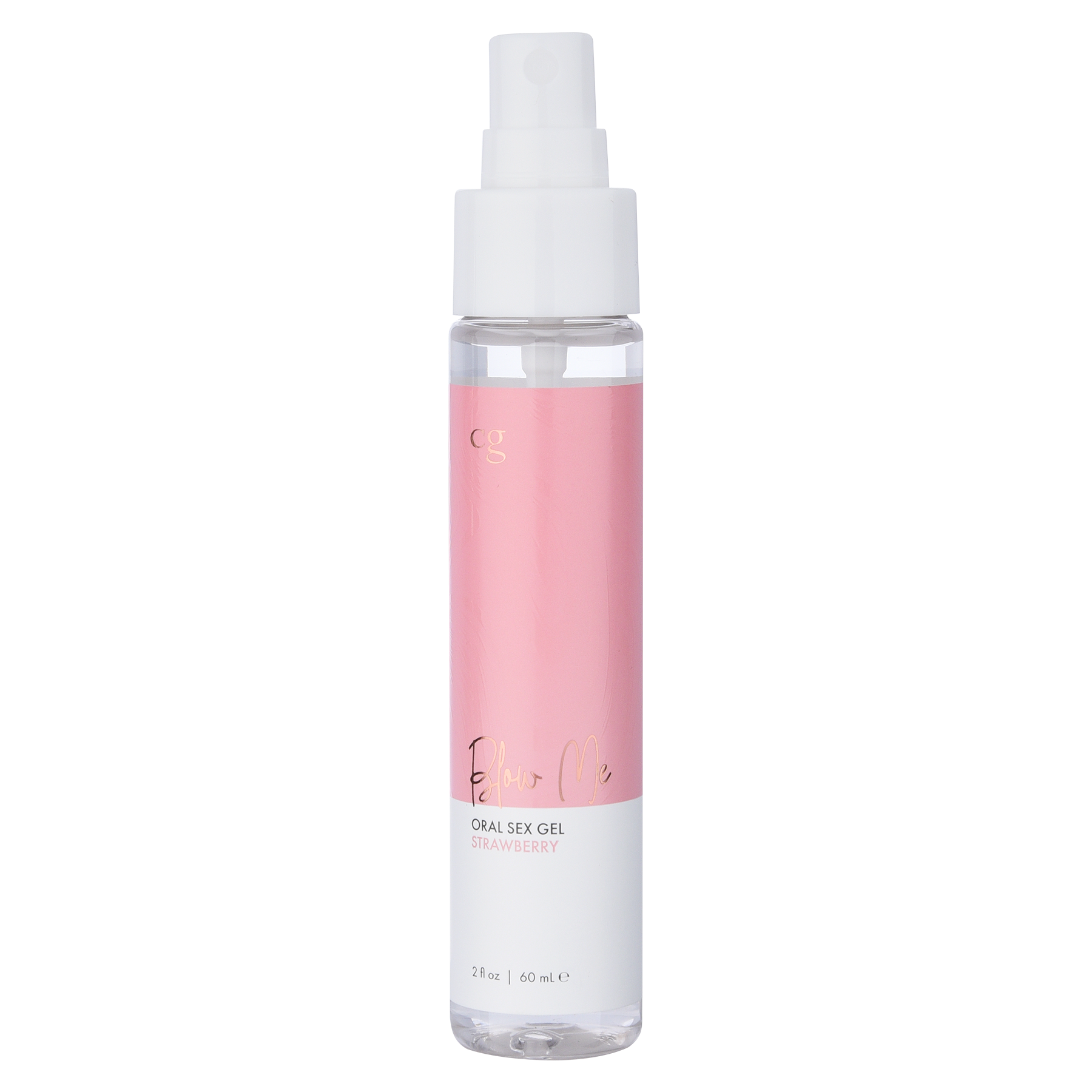 Strawberry flavored oral sex gel in a clear bottle with a pink label.