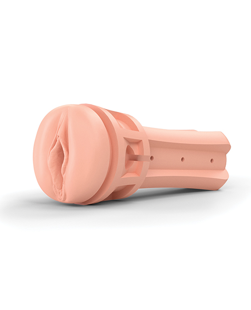 A peach-colored masturbator sleeve with a realistic vaginal opening.