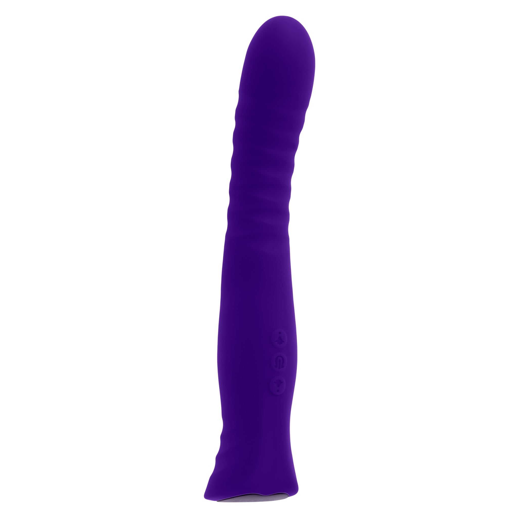 A purple textured silicone vibrator with three control buttons.