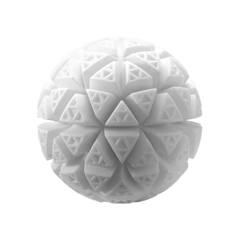 White geometric sphere with intricate triangular patterns.