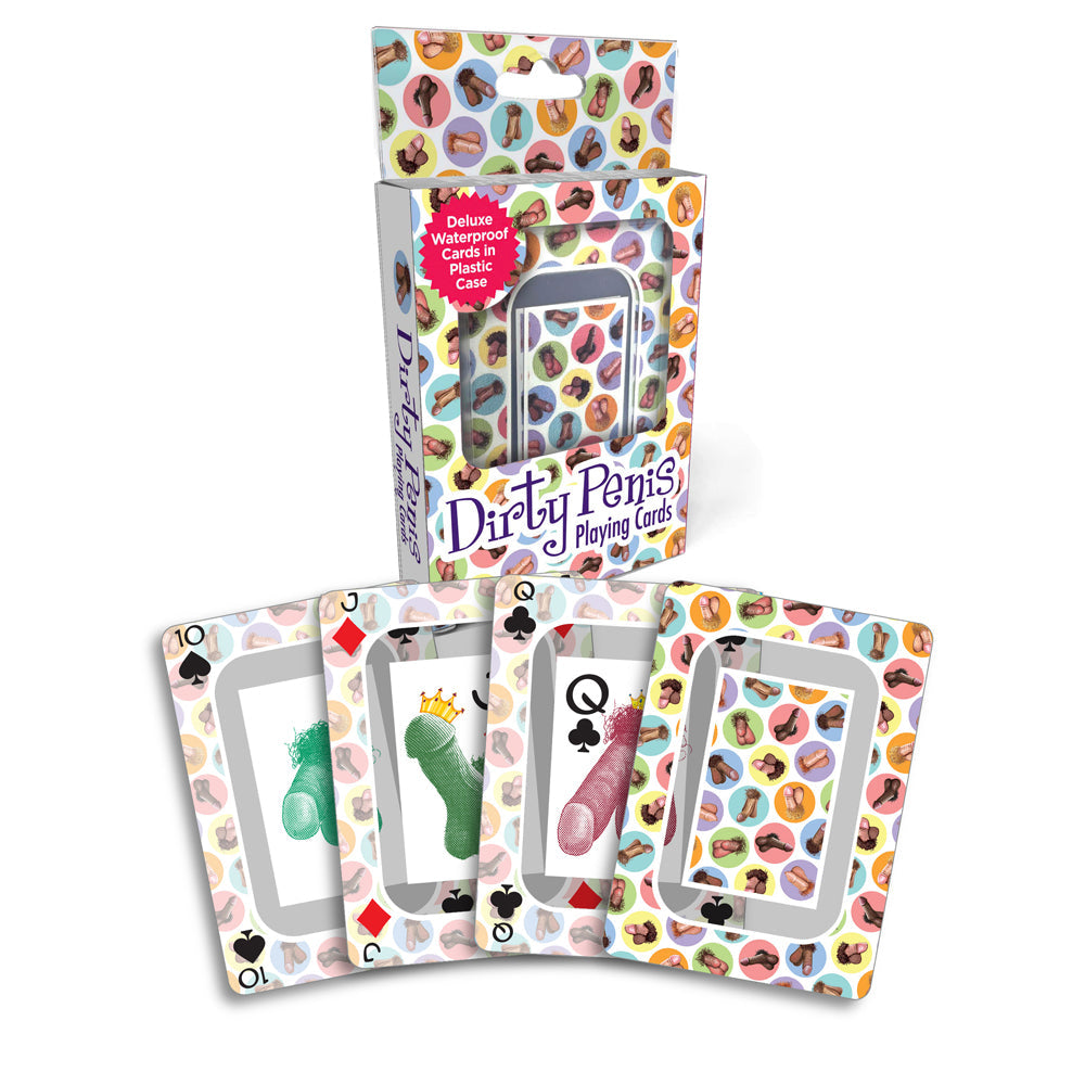 Waterproof playing cards with a novelty penis design in a plastic case.