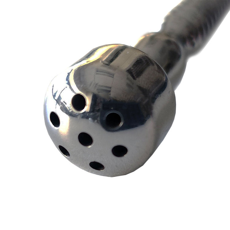 Stainless steel penis plug with a shower head design and multiple holes.