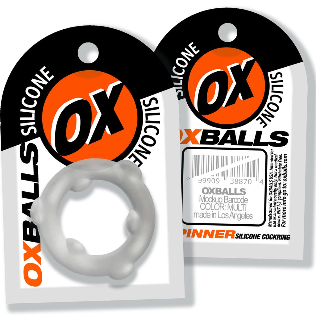 A clear silicone cock ring with raised nubs on a white and orange branded card.