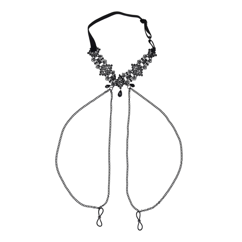 Black lace collar with chains and adjustable nipple ties.