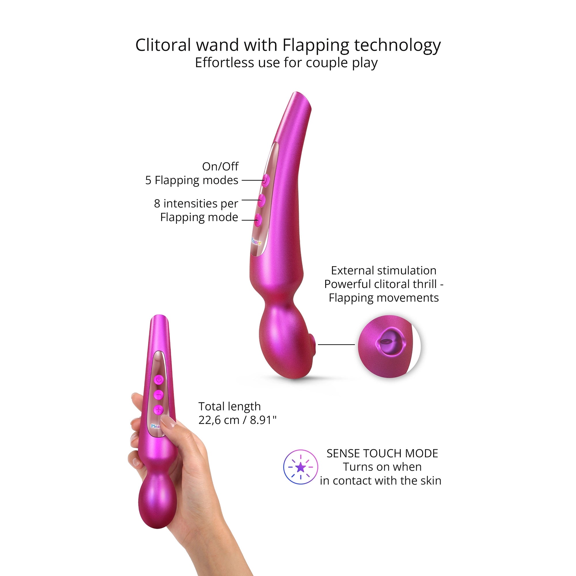 Iridescent berry Pleaser flapping wand vibrator with 5 modes and 8 intensities.