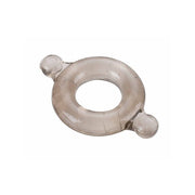A clear, flexible elastomer cock ring with two bulbous ends.