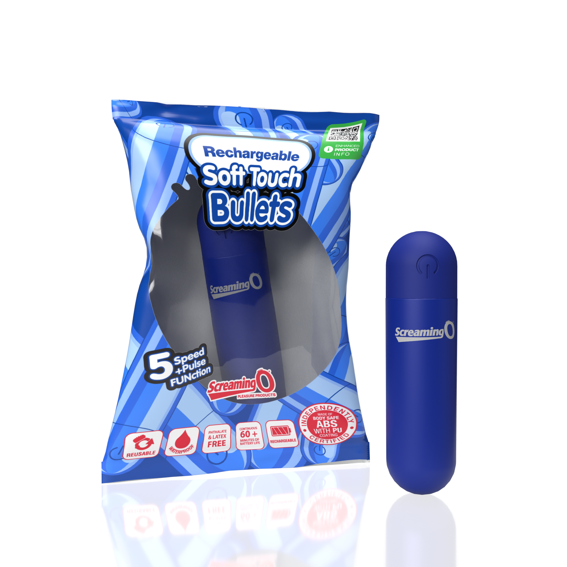 A blue, rechargeable bullet vibrator with a soft touch finish and power button.