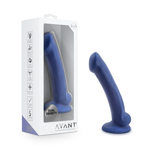 A blue Avant Ergo Mini G-spot dildo with dual density and a curved shaft.