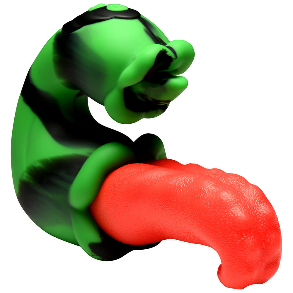 Green and black striped vibrator with a red tongue.