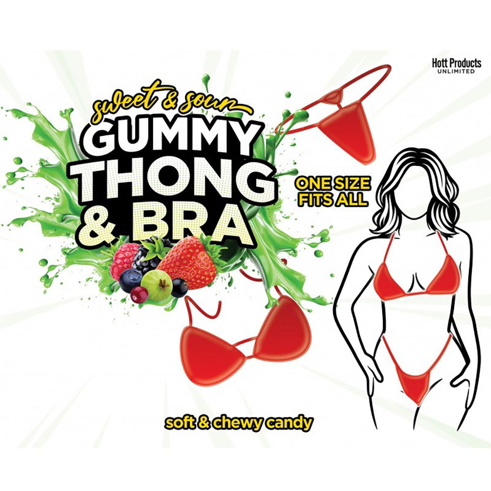 Edible gummy thong and bra set in assorted fruit flavors.