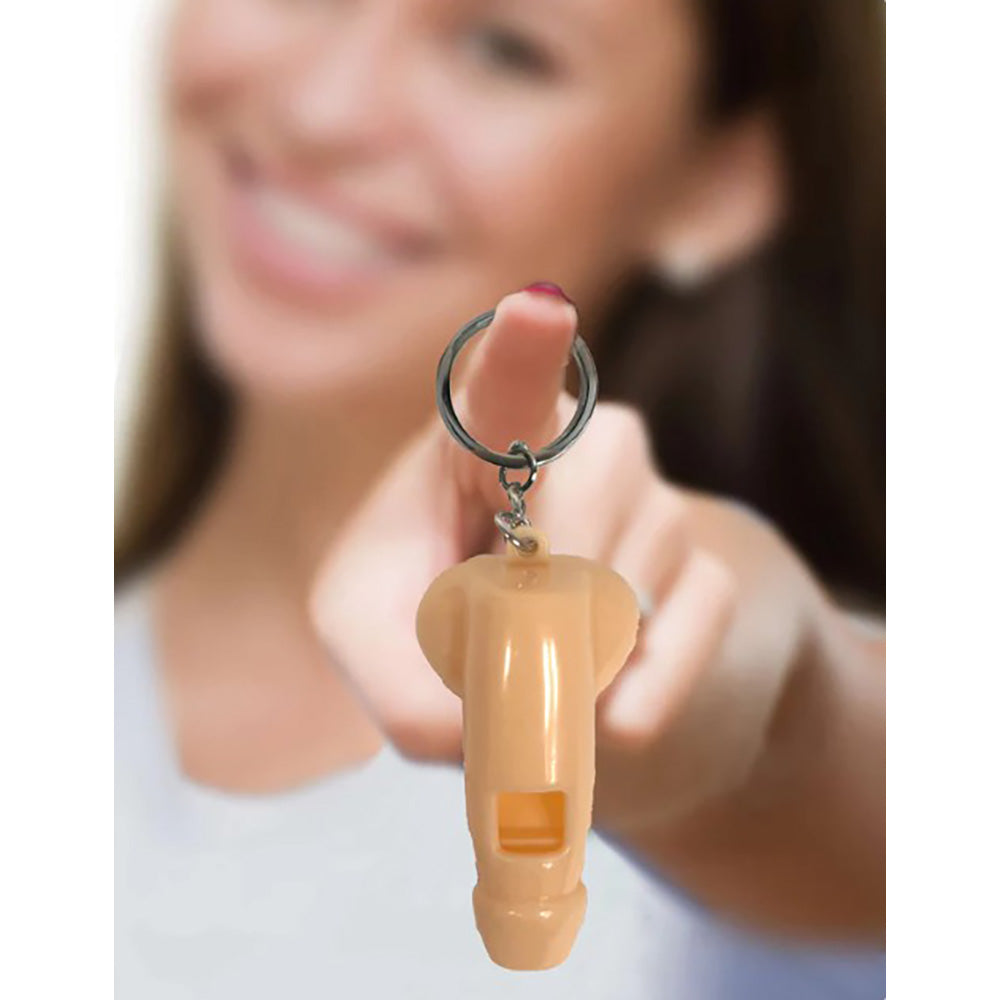 A novelty whistle keychain shaped like a penis.
