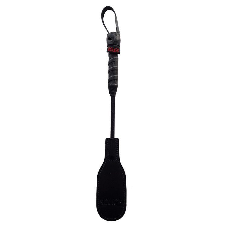 Black leather mini oval paddle crop with "ROUGE" branding.