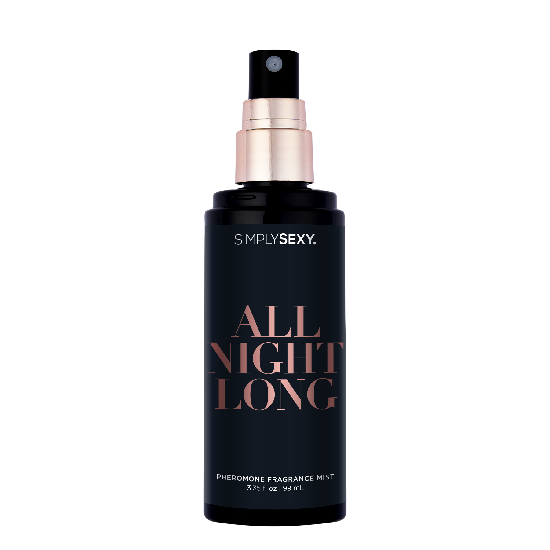 Simply Sexy All Night Long pheromone fragrance mist in a black bottle.