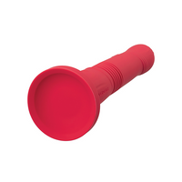 Red silicone dildo with a suction cup base and ribbed shaft.