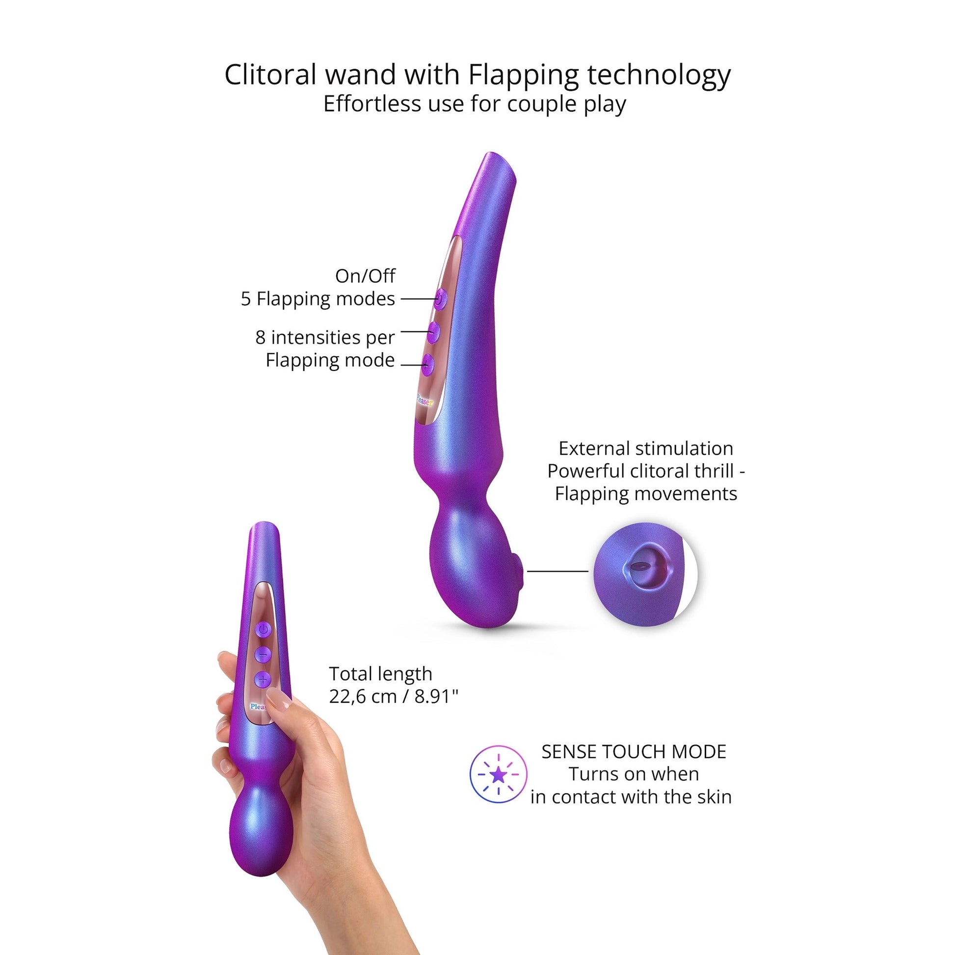 Purple iridescent wand vibrator with flapping technology, 5 modes, 8 intensities, and touch activation.