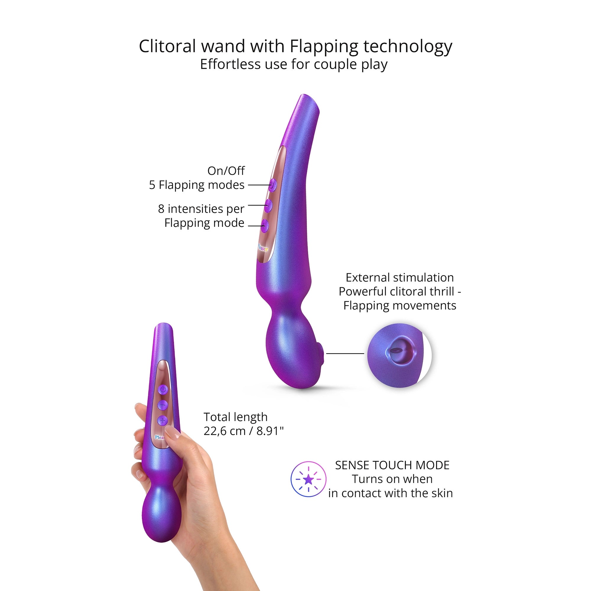 Purple iridescent wand vibrator with flapping technology, 5 modes, 8 intensities, and touch activation.