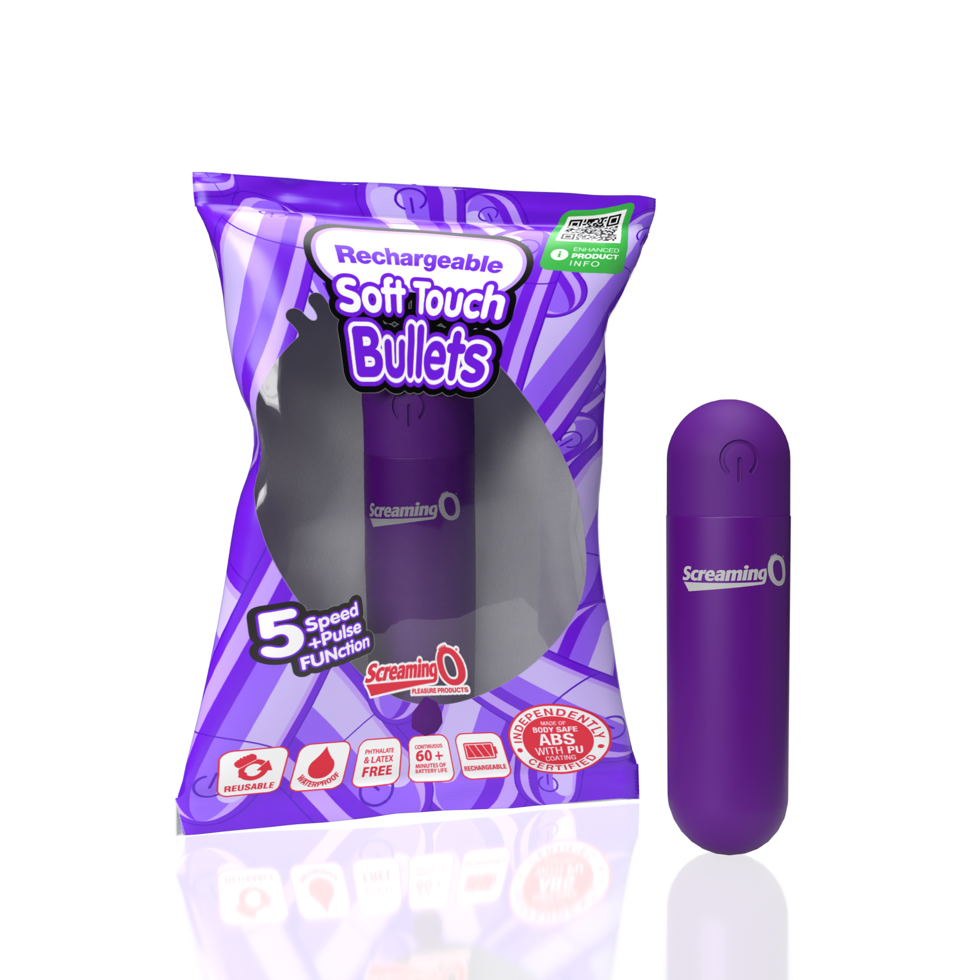 Purple rechargeable bullet vibrator with "Screaming O" branding and product features.