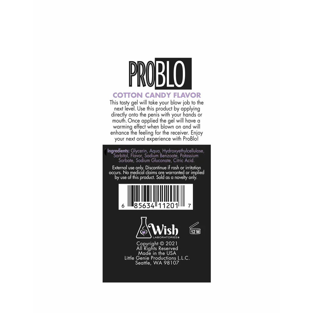 Problo Cotton Candy Flavor gel lubricant with ingredients and barcode.